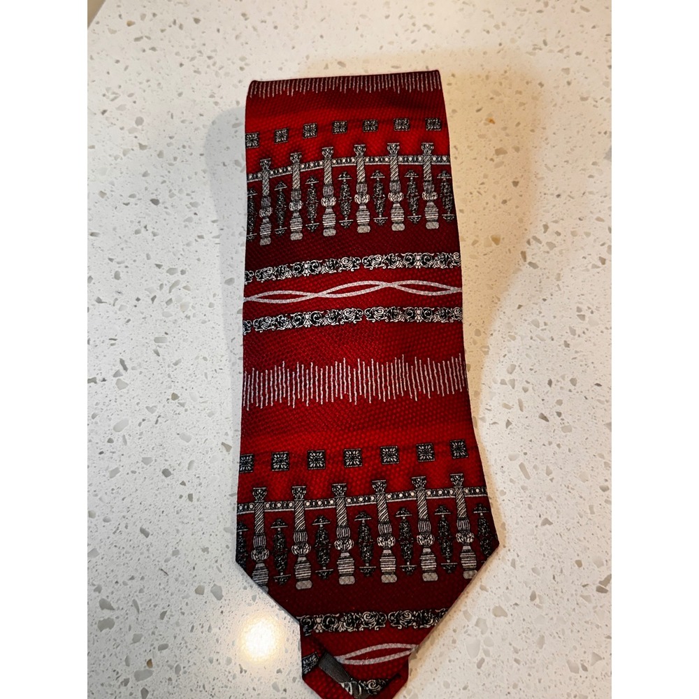 Daniel De Fasson Mens Red Silk Tie Architectural Pattern Handmade 1031-162